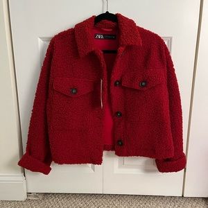 COPY - Brand New Red Sherpa Jacket with front pockets and button detail